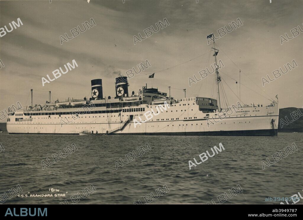 The British passenger ship SS Arandora Star of the Blue Star Line, 1936. SS Arandora Star was a British passenger ship of the Blue Star Line. Built in 1927 as an ocean liner and refrigerated cargo ship, she was converted in 1929 into a cruise ship. During World War II she was requisitioned as a troop ship. At the end of June 1940 she was assigned the task of transporting German and Italian internees and prisoners of war to Canada. On 2nd July 1940 she was sunk in controversial circumstances by a German U-boat with large loss of life. From a private album of a passenger who undertook a cruise on the S.S. Arandora Star, which began 9th April, 1936.