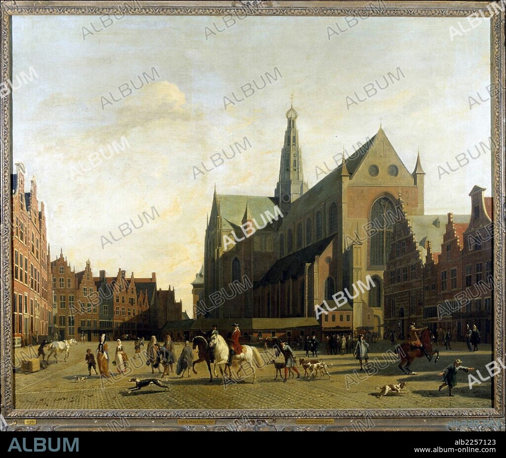 DIRCK MAES. MAES , DIRCK. PINTOR HOLANDES. 1656 - 1717. " VISTA DEL GROTE MARKT DE HAARLEM CON LA IGLESIA DE SAN BAVON " OLEO SOBRE LIENZO. FRANS HALSMUSUM. HOLANDA.