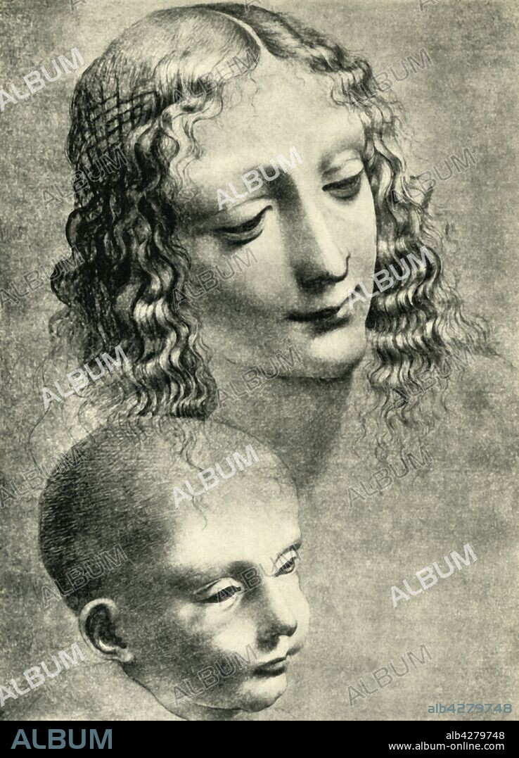 GIOVANNI ANTONIO BOLTRAFFIO. Heads of the Virgin and Child, c1492-1494, (1943). Drawing in the Devonshire Collection, Chatsworth House, Derbyshire. From "Europäische Handzeichnungen", (Five Hundred Years of European Drawings), by Bernhard Degenhart. [Atlantis-Verlag Berlin, Zürich, 1943].