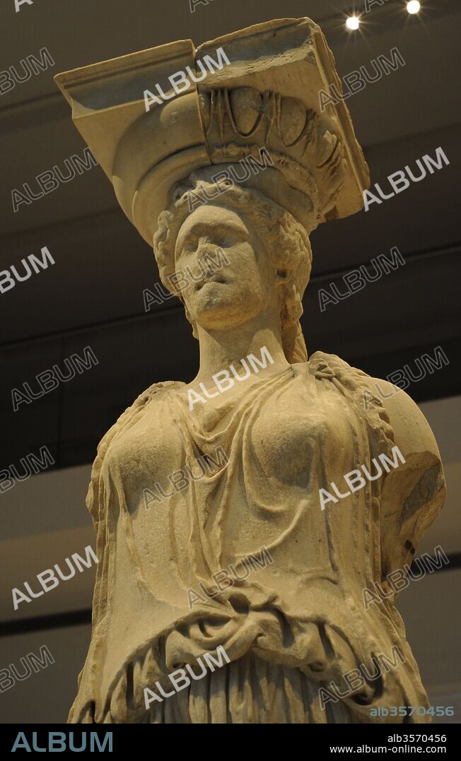 Greek art. The Caryatid Porch of the Erechtheion. Draped female figures as supporting columns. Detail. Acropolis of Athens, 421-407 BC. Greece. Acropolis Museum. Athens. Greece.