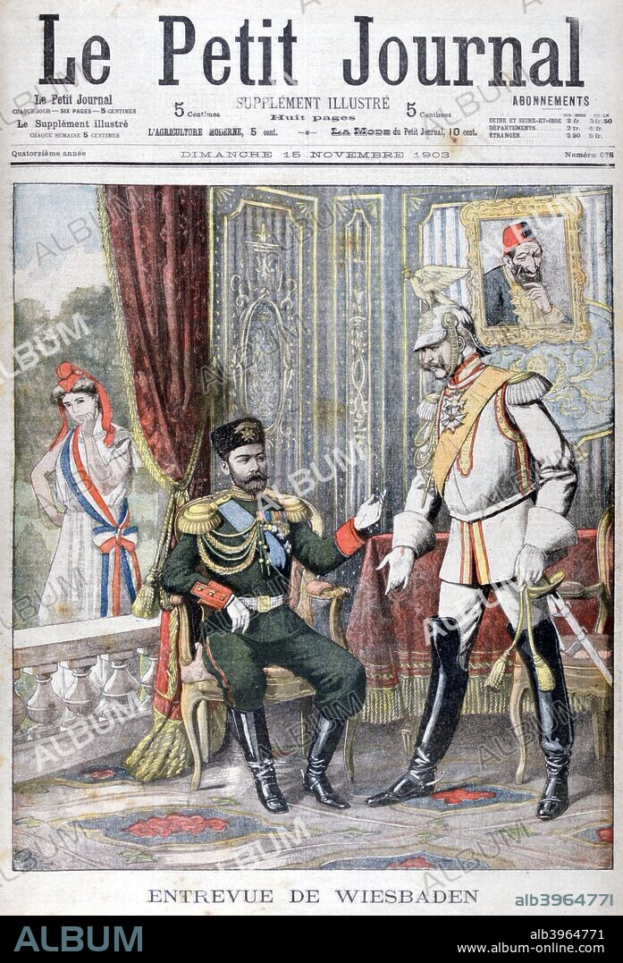 Meeting between Tsar Nicholas II and Kaiser Wilhelm II, Wiesbaden, Germany, 1903. A portrait of Sultan Abdul Hamid II of Turkey is on the wall and an allegorical figure representing France eavesdrops on the conversation from outside the window. An illustration from Le Petit Journal, 15th November 1903.