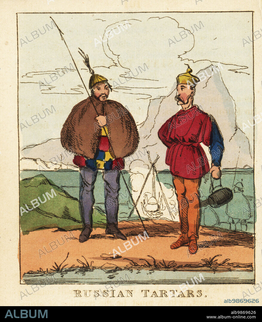 Costumes of Russian Tatars, 19th century. A soldier in helmet, fur cape, colourful tunic, trousers armed with a spear. Another man in hat, tunic and trousers. Tartars. Handcoloured copperplate engraving from The World in Miniature, or Panorama of the Costumes, Manners & Customs of All Nations, John Bysh, London, 1825.