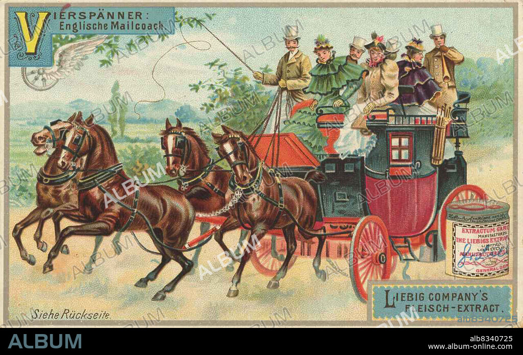 Serie Kutschen und Gespanne, Viersp§nner, Englische Mailcoach, Postkutsche / Series carriages and carriages, four-in-hand, English Mailcoach, digital improved reproduction of a collectible image from the Liebig company, estimated from 1900, pd / digital verbesserte Reproduktion eines Sammelbildes von ca 1900, gemeinfrei.