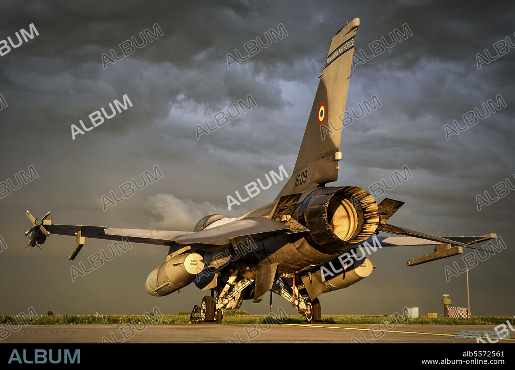 Romanian Air Force F-16AM Fighting Falcon, improved to mid-life upgrade (MLU) 5.2R standard, seen on the ramp at 86th Air Base, Borcea, Romania, home of the 53rd Fighter Squadron.