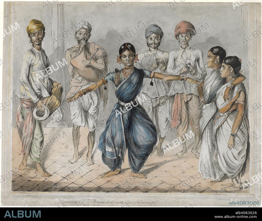 CHRISTOPHER GREEN. Dancing girls and musicians. c.1800. Dancing girls and musicians from Madras. A girl in the costume of a temple dancer is concentrating on her movements in the centre of the drawing. She is accompanied by a drummer to her left and a bagpiper and two hand cymbal players behind her, while two other girls on the right wait to join in, one of whom may be the teacher beating time with her foot. Pencil pen-and-ink and watercolour. British school.  Originally published/produced in c.1800. . Source: WD 4510,.