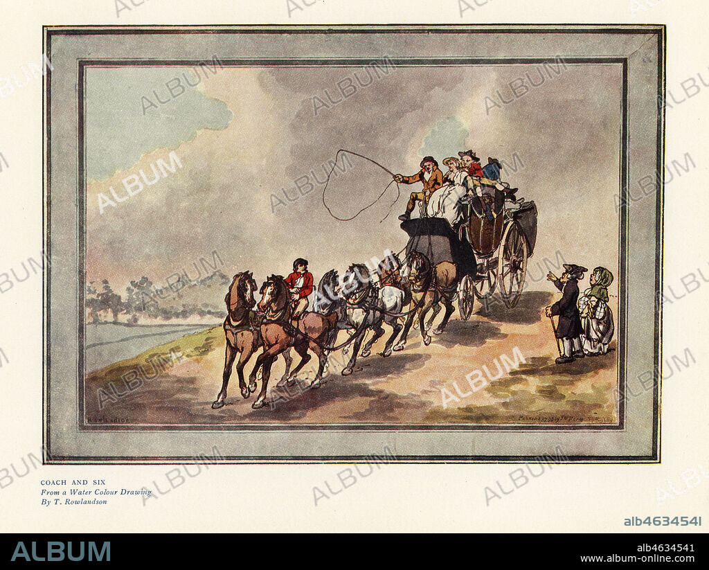 Coach and six horses with passengers and luggage on the roof, 1793. Color print after a watercolor illustration by Thomas Rowlandson in Ralph Nevills Old Sporting Prints, The Connoisseur Magazine, London, 1908.
