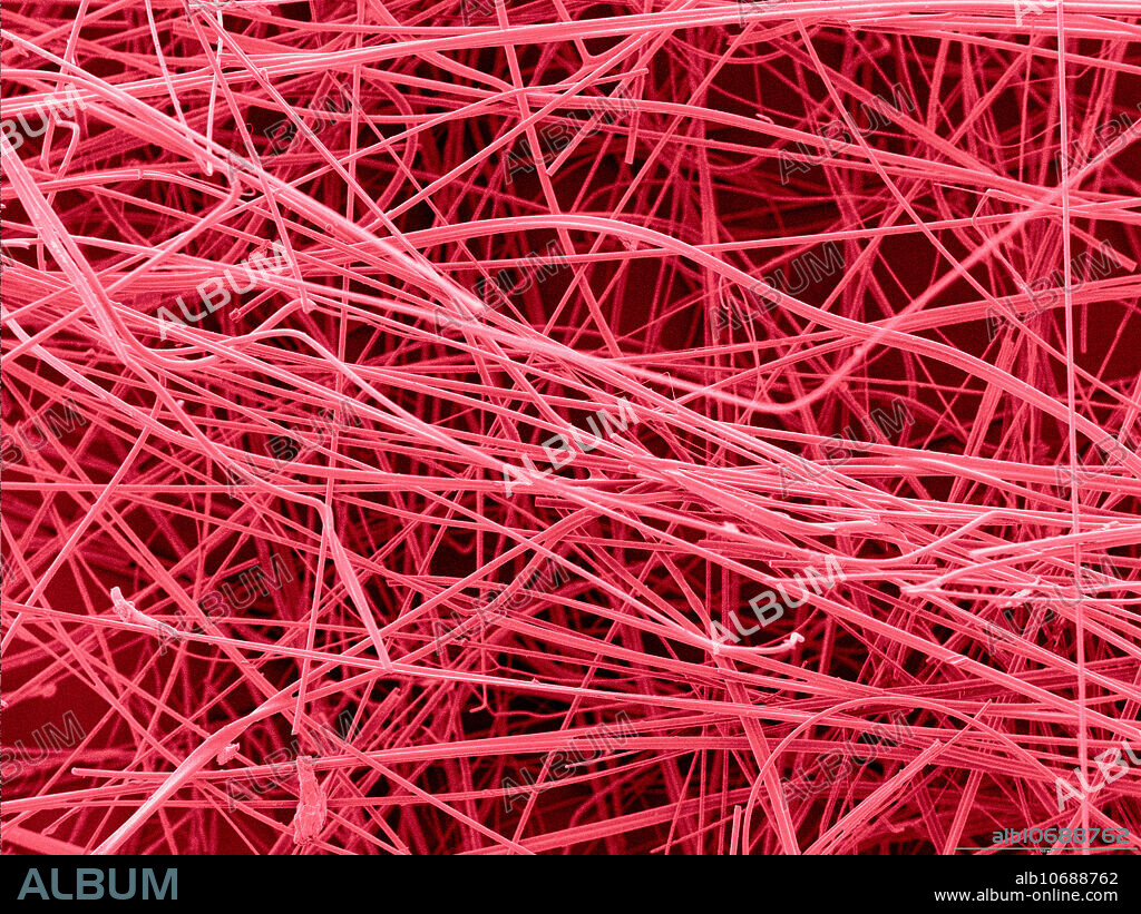 Colour-enhanced Scanning Electron Micrograph (SEM) of fiberglass wool insulation commonly used in home walls and attics. Image width: 1225.6 micrometers. Magnification: 82x if the image is printed 10 cm wide. Bar: 200 micrometers.