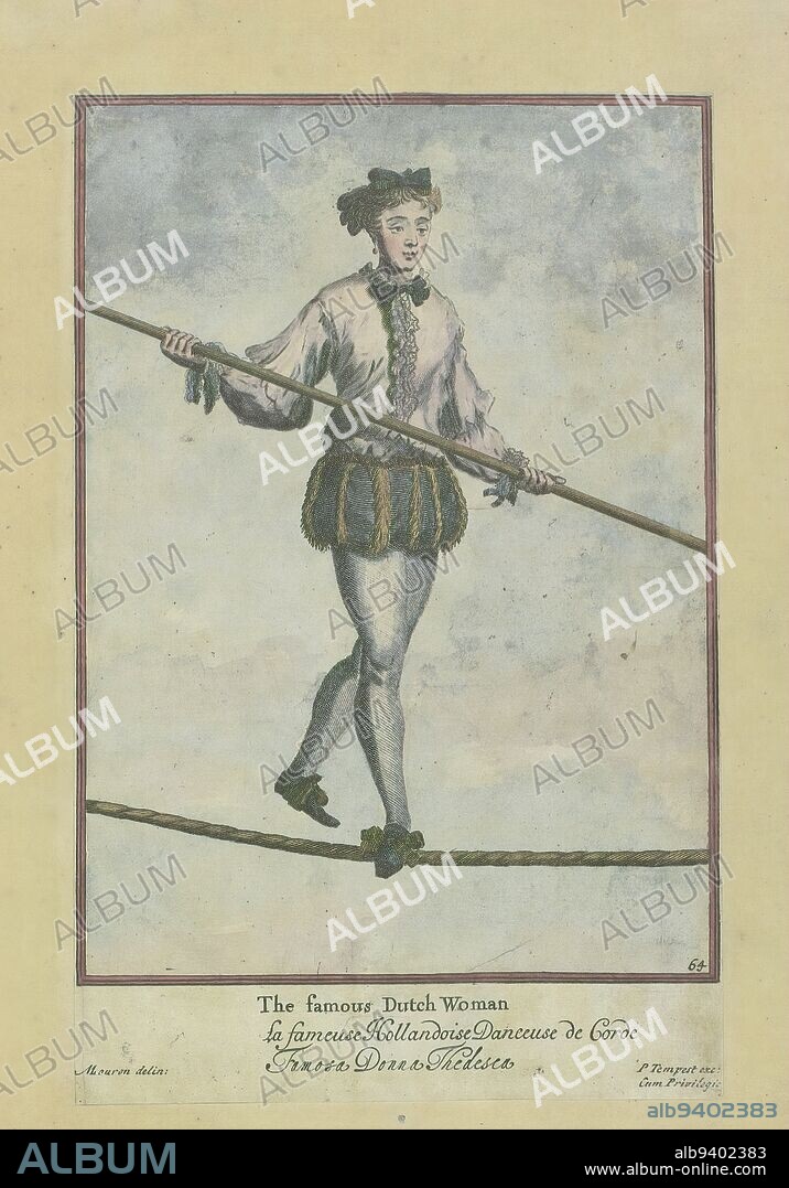 The famous Dutch Woman, 1690, no. 64, An acrobat, balancing on a cord. Facsimile, after drawing by: M. Lauron, (mentioned on object), print maker: anonymous, publisher: Pierce Tempest, (mentioned on object), London, c. 1690, paper, engraving, height 308 mm × width 208 mm.