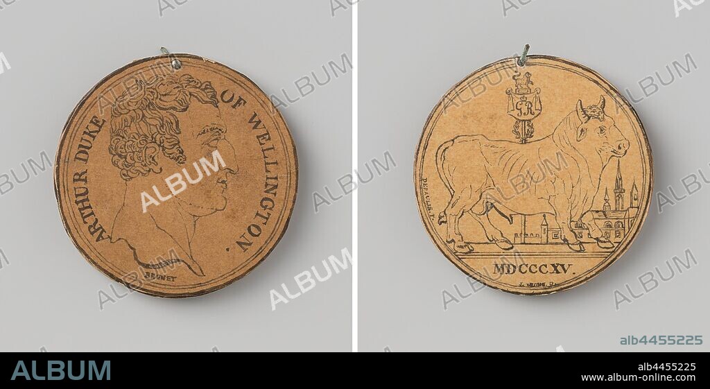 Battle of Waterloo, in honor of the Duke of Wellington, Obverse: man's bust inside an inscription. Reverse: inscription under two clasped hands wrapped around a wreath with inscription ribbon, Waterloo, Arthur Wellesley or Wellington, Nicolas Guy Antoine Brenet, England, 1815, cardboard, drawing, d 4.2 cm × w 4.74 gr.