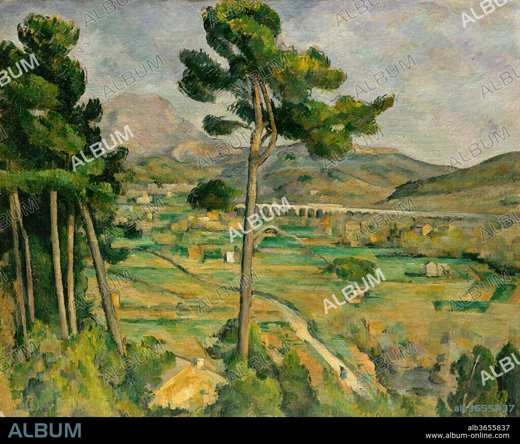 PAUL CEZANNE. Mont Sainte-Victoire and the Viaduct of the Arc River Valley. Artist: Paul Cézanne (French, Aix-en-Provence 1839-1906 Aix-en-Provence). Dimensions: 25 3/4 x 32 1/8 in. (65.4 x 81.6 cm). Date: 1882-85.

The distinctive silhouette of Mont Saint-Victoire rises above the Arc River valley near the town of Aix. To paint this scene, Cézanne stood close to Montbriand, his sister's property, at the top of the hill just behind her house; the wall of the neighboring farmhouse is barely visible. Cézanne sought to reveal the inner geometry of nature, "to make of Impressionism something solid and durable, like the art of museums." Indeed the railroad viaduct that cuts throught this pastoral scene is evocative of a Roman aqueduct, recalling paintings by Nicolas Poussin.