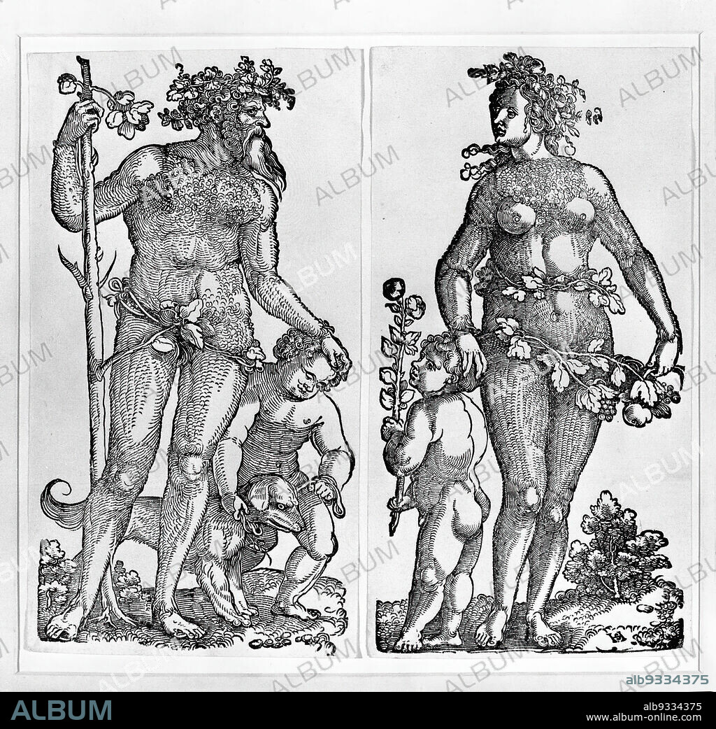 A Savage Man and Woman, German, After Hans-Leonard Schäufelein, German, ca. 1480-ca. 1540, Woodcut on paper, 10 1/16 x 11 1/8 in., 25.6 x 28.2 cm.