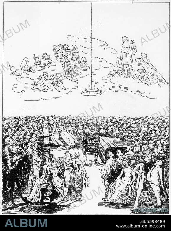 Liszt, Franz; Pianist und Komponist. Raiding 22.10.1811 - Bayreuth 31.7.1886. "O! selig, Ihr Frauen / Die im schönen Bestreben / Die Kunst zu erheben / Den Künstler geehrt". (Karikatur auf ein Liszt-Konzert in Berlin; rechte Seite eines Doppelblatts). Zinkographie, unbez., Berlin um 1840.