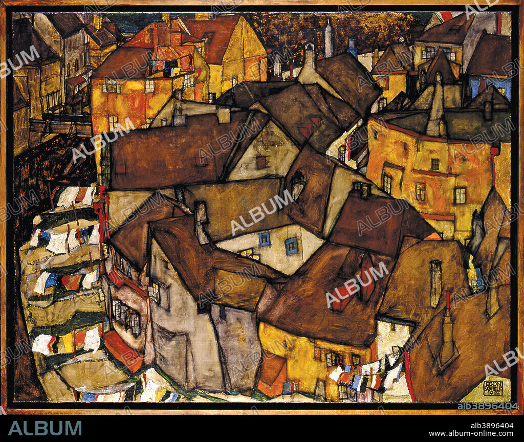 EGON SCHIELE. Krumau - Crescent of Houses (The Small City V). Date/Period: 1915. Painting. Oil on canvas. Height: 109.7 cm (43.1 in); Width: 140 cm (55.1 in).