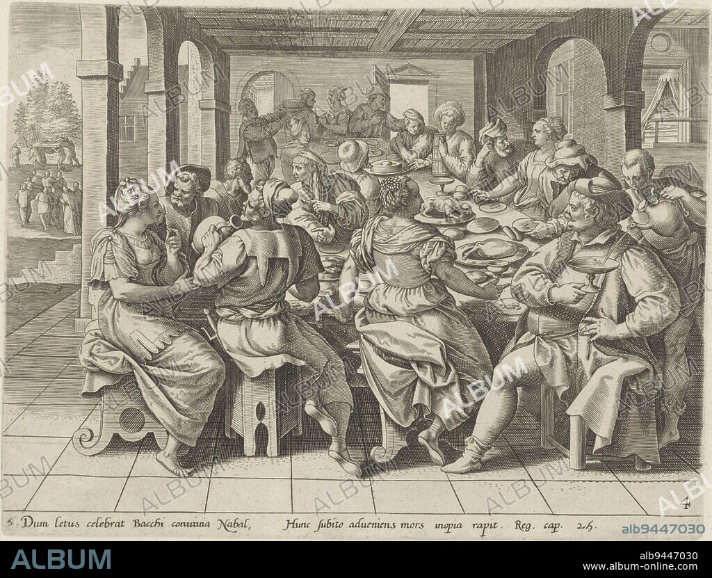 Nabal and Abigail are seated at Nabal's banquet and Nabal is having another pour. In the background on the right, Nabal and Abigail's bed. After Nabal had slept off his intoxication Abigail told him what she had done. At that announcement, Nabal died. On the left in the background the funeral procession, carrying away Nabal's body. Below the image a reference in Latin to the Bible text in 1 Sam. 25, Feast of Nabal History of David and Abigail Thesaurus sacrarum historiarum veteris testamenti , Maerten de Vos, print maker: anonymous, publisher: Gerard de Jode, Antwerp, 1585, paper, engraving, h 194 mm × w 256 mm.