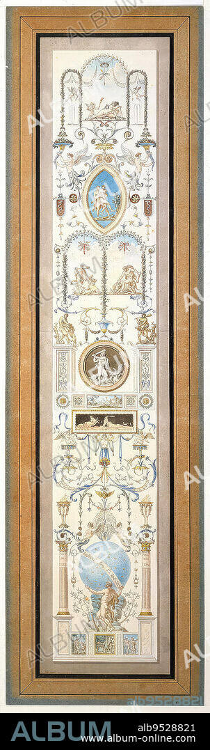 CHARLES NORMAND. Design for a wall panel with a vertical composition. Episodes from the life of Hercules are interspersed amidst a finely drawn, elaborate display of gardens, urns, nymphs, leafy arbors, pavilions and arabesques. The panel's representations include, from the bottom up: Hercules and Dejanira; Hercules and Antaeus; Hercules and Cerverus; Hercules and the Cretan bull; Hercules and Nemean lion; Hercules carrying the apples of the Hesperides; Hercules killing the Hydra; Hercules and Geryon (?); Hercules as boy with snake; Mercury advising Hercules. Date: ca. 1800. Pen and black ink, brush and watercolor on off-white paper, lined with white heavy paper and framed by blue color paper colored light brown and black.