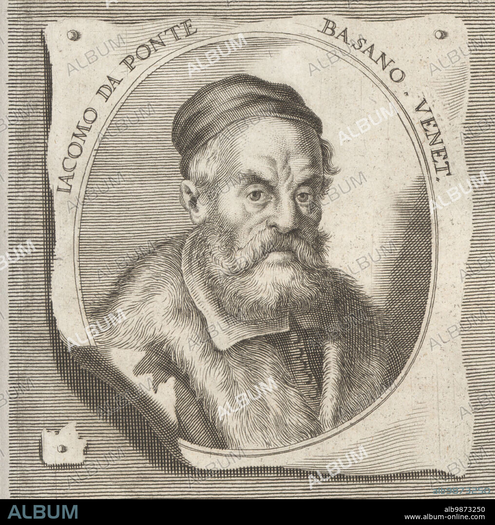 Jacopo Bassano, also known as Jacopo dal Ponte, Italian painter who was born and died in Bassano del Grappa near Venice, c.1510-1592. Iacomo da Ponte Basano Venet. Copperplate engraving after an illustration by Joachim von Sandrart from his LAcademia Todesca, della Architectura, Scultura & Pittura, oder Teutsche Academie, der Edlen Bau- Bild- und Mahlerey-Kunste, German Academy of Architecture, Sculpture and Painting, Jacob von Sandrart, Nuremberg, 1675.