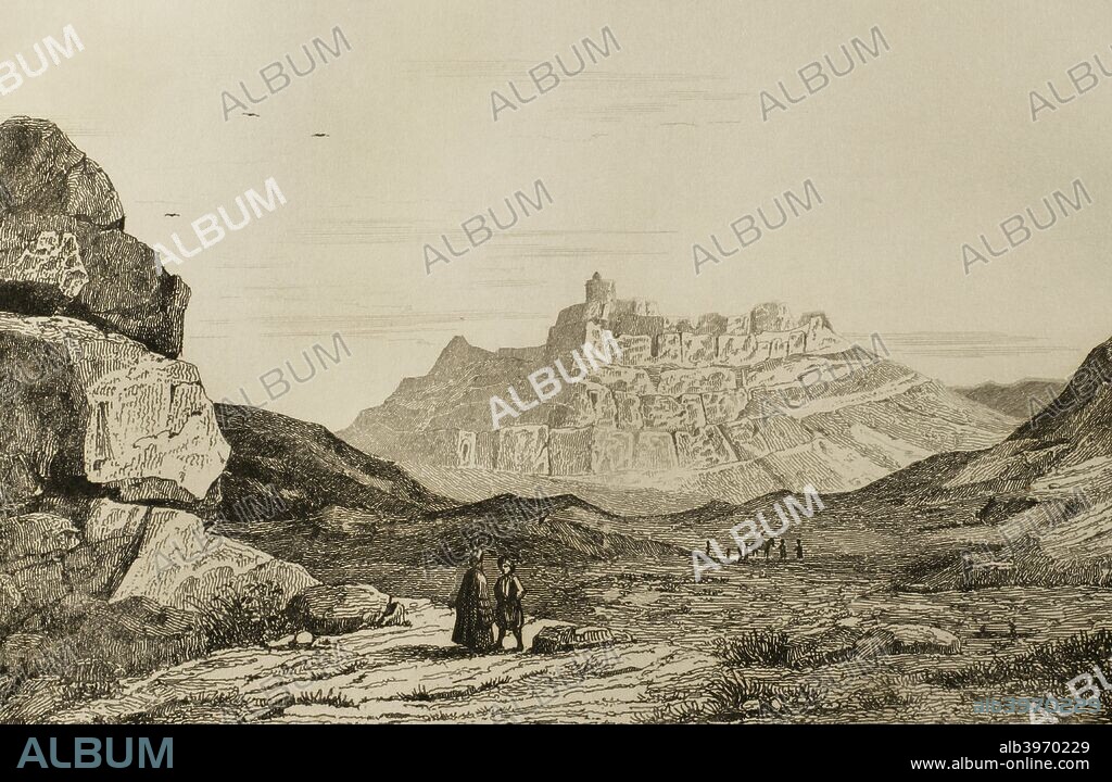 Jordan. Mount Hor. Aaron's grave. A Mamluk sultan built a small sanctuary in the 13th century commemorating the death of Aaron, brother of Moses, on Mount Aaron, in Petra. Engraving. Panorama Panorama. History of Arabia, 1851.