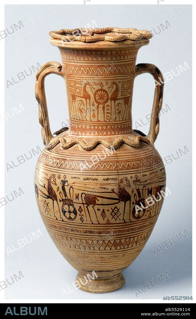 An amphora (English plural: amphorae or amphoras) is a type of container of a characteristic shape and size, descending from at least as early as the Neolithic Period. Amphorae were used in vast numbers for the transport and storage of various products, both liquid and dry, but mostly for wine. It is most often ceramic, but examples in metals and other materials have been found. Stoppers of perishable materials, which have rarely survived, were used to seal the contents. Two principal types of amphorae existed: the neck amphora, in which the neck and body meet at a sharp angle; and the one-piece amphora, in which the neck and body form a continuous curve. Neck amphorae were commonly used in the early history of ancient Greece, but were gradually replaced by the one-piece type from around the 7th century BCE.