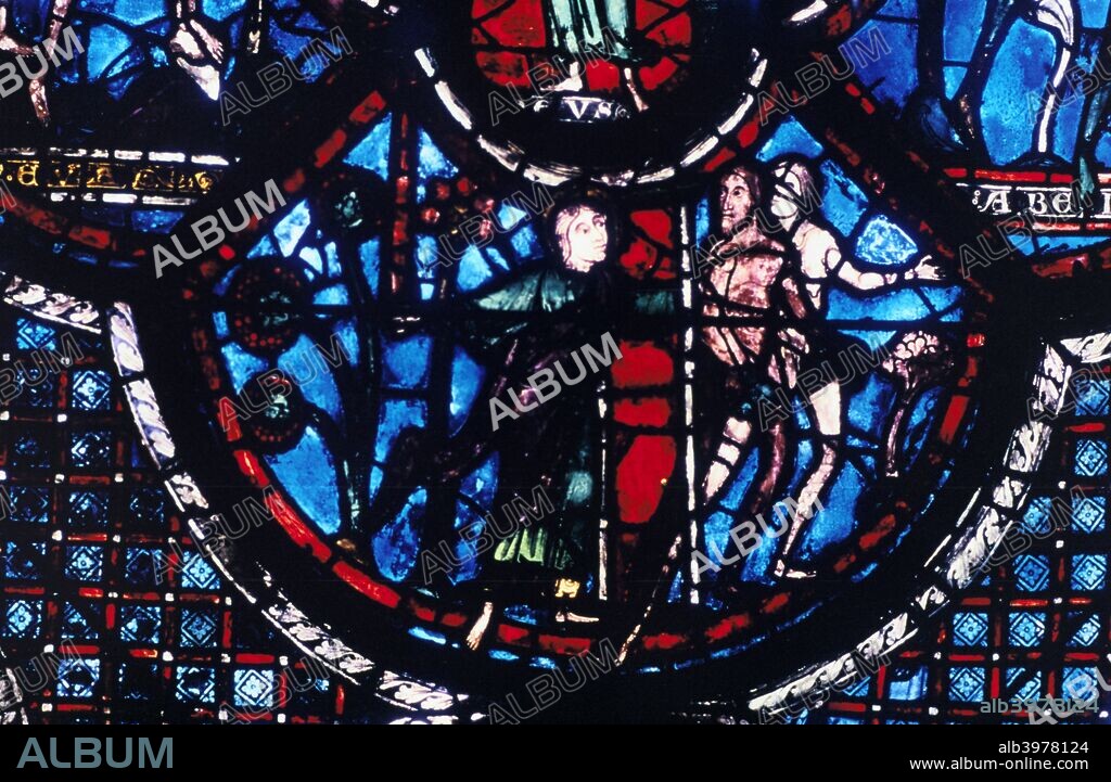 Expulsion from Eden, stained glass, Chartres Cathedral, France, 1205-1215. Detail from the Good Samaritan and Adam and Eve window in the south aisle.