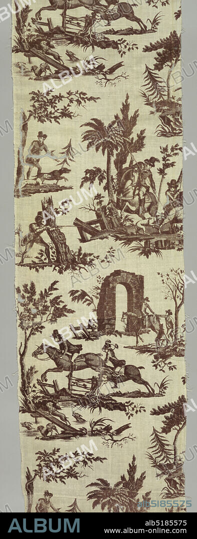 Textile, Medium: cotton Technique: printed by engraved copper plate on plain weave, Cotton fabric printed with red showing three large vignettes with hunt scenes. First vignette shows equestrians jumping a fence; second shows figures in front of an inn; third shows the kill., Nantes, France, 17801790, printed, dyed & painted textiles, Textile.