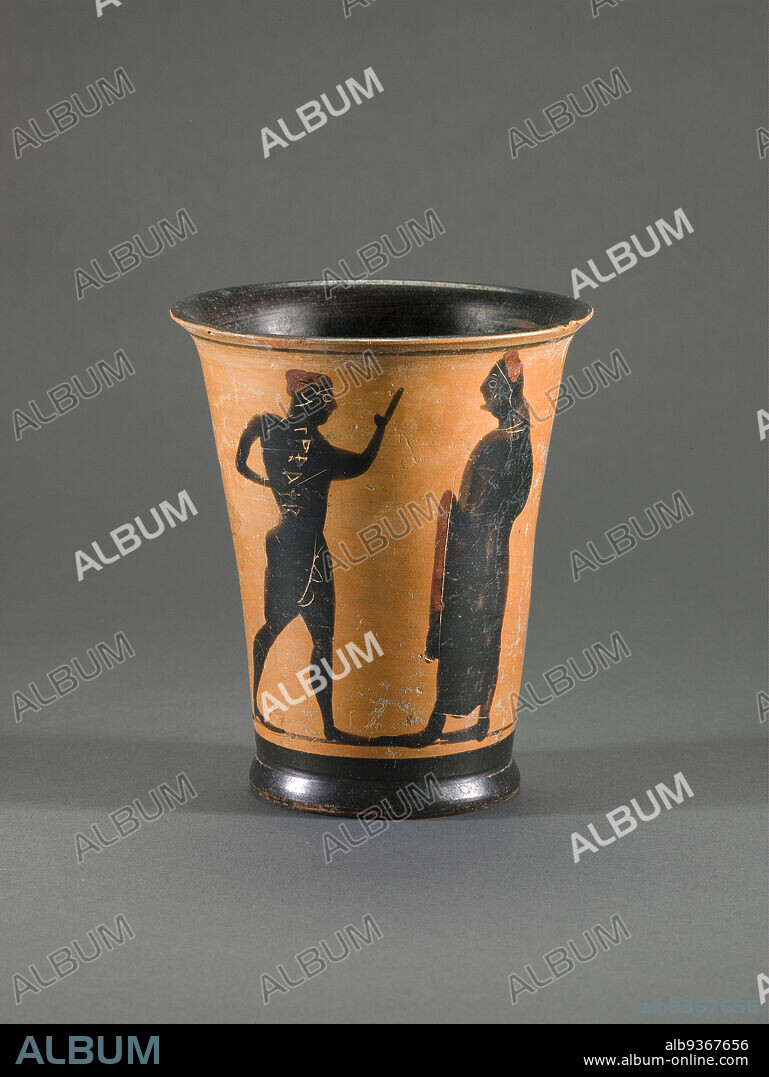 Beaker (kalathos) with Athletes and Trainers, Attic Greek, Archaic period, c.600480 BC, mid to late 6th century BC, Black-figure ceramic, Made in Attica, Greece, Europe, Ceramics, containers, 4 3/4 x 4 in. (12.1 x 10.2 cm).
