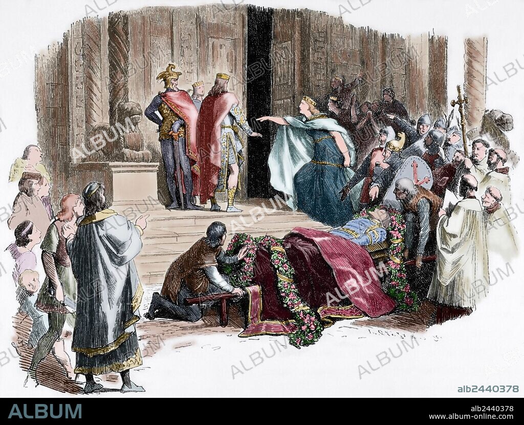 ADOLF CLOSS. "CANTAR DE LOS NIBELUNGOS". Poema épico medieval, escrito en el siglo XIII. Anónimo de origen germánico. Escena de "Krhimhilda exige la prueba del féretro". Grabado por A. Closs. "Germania", 1882. Coloreado.