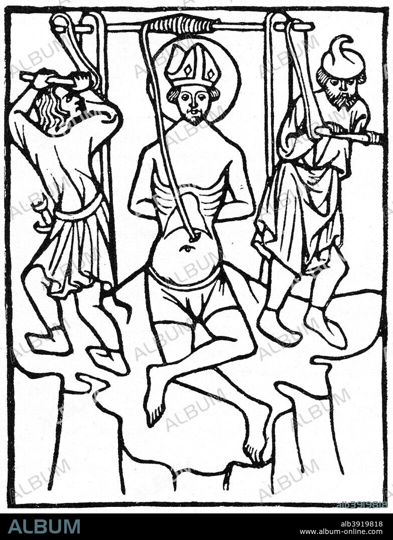 St Erasmus, c1400 (1964). Also known as St Elmo, Erasmus of Formiae is a Christian saint and martyr. Born in what is today Croatia in the 3rd century, he was martyred in c303. He is the patron saint of sailors. A print from A History of Wood Engraving, by Douglas Percy Bliss, Spring Books, London, 1964.