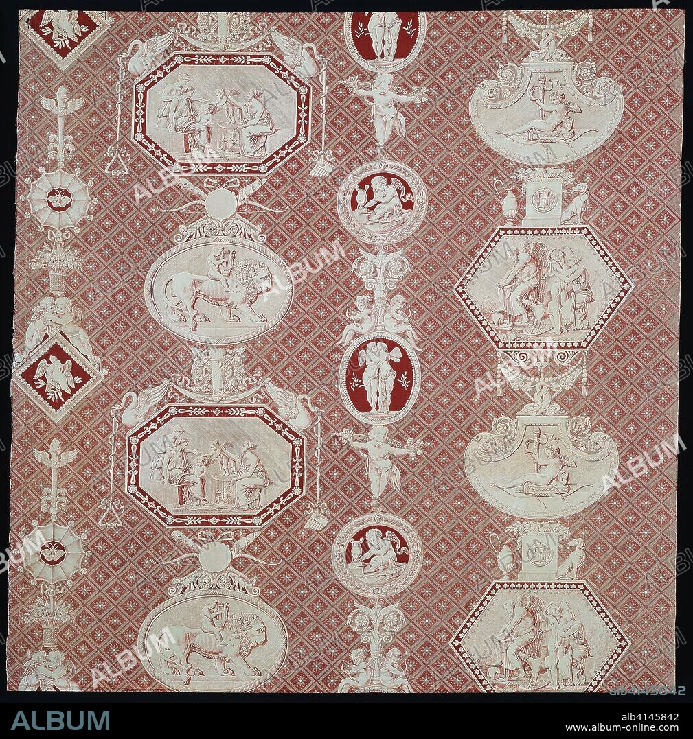 LOUIS HIPPOLYTE LABAS. La Marchande d'Amour (The Merchant of Love) (Furnishing Fabric). Designed by Louis-Hippolyte LeBas (French, 1782-1867) after Jacques Firmin Beauvarlet (French, 1731-1797); Printed and Manufactured by Christophe Philippe Oberkampf (French, 1738-1815); France, Jouy-en-Josas. Date: 1815-1817. Dimensions: 99 × 95.2 cm (39 × 37 1/2 in.)
Warp repeat: 49.8 cm (19 3/4 in.). Cotton, plain weave; engraved roller printed. Origin: France.