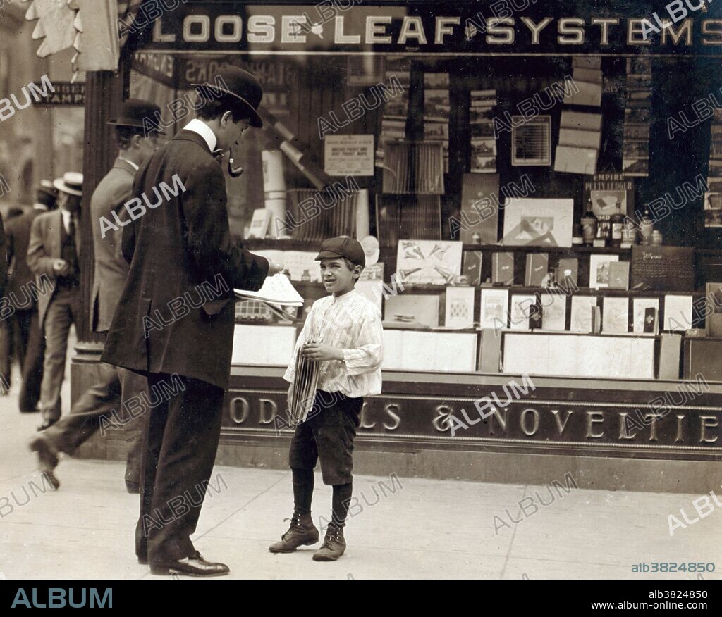 Entitled: "James Lequlla, newsboy, 12 years of age. Selling newspapers 3 years. Average earnings 50 cents per week. Selling newspapers own choice. Earnings not needed at home. Don't smoke. Visits saloons. Works 7 hours per day. Investigator, Edward F. Brown. Location: Wilmington, Delaware. May 1910. The position of paperboy occupies a prominent place in many countries, including the United States, Canada, United Kingdom, Australia, New Zealand, Ireland, and Japan. This is because it has long been the first paying job available to young teenagers, often male. It is a low-standing job and therefore has relatively low-pay. As most papers are delivered early in the morning it requires the delivery person to get up early, which can also mean braving cold, dark, and inhospitable conditions. Newspaper industry lore suggests that the first paperboy, hired in 1833, was 10 year-old Barney Flaherty who answered an advertisement in the New York Sun, which read "To the Unemployed a number of steady men can find employment by vending this paper.".
