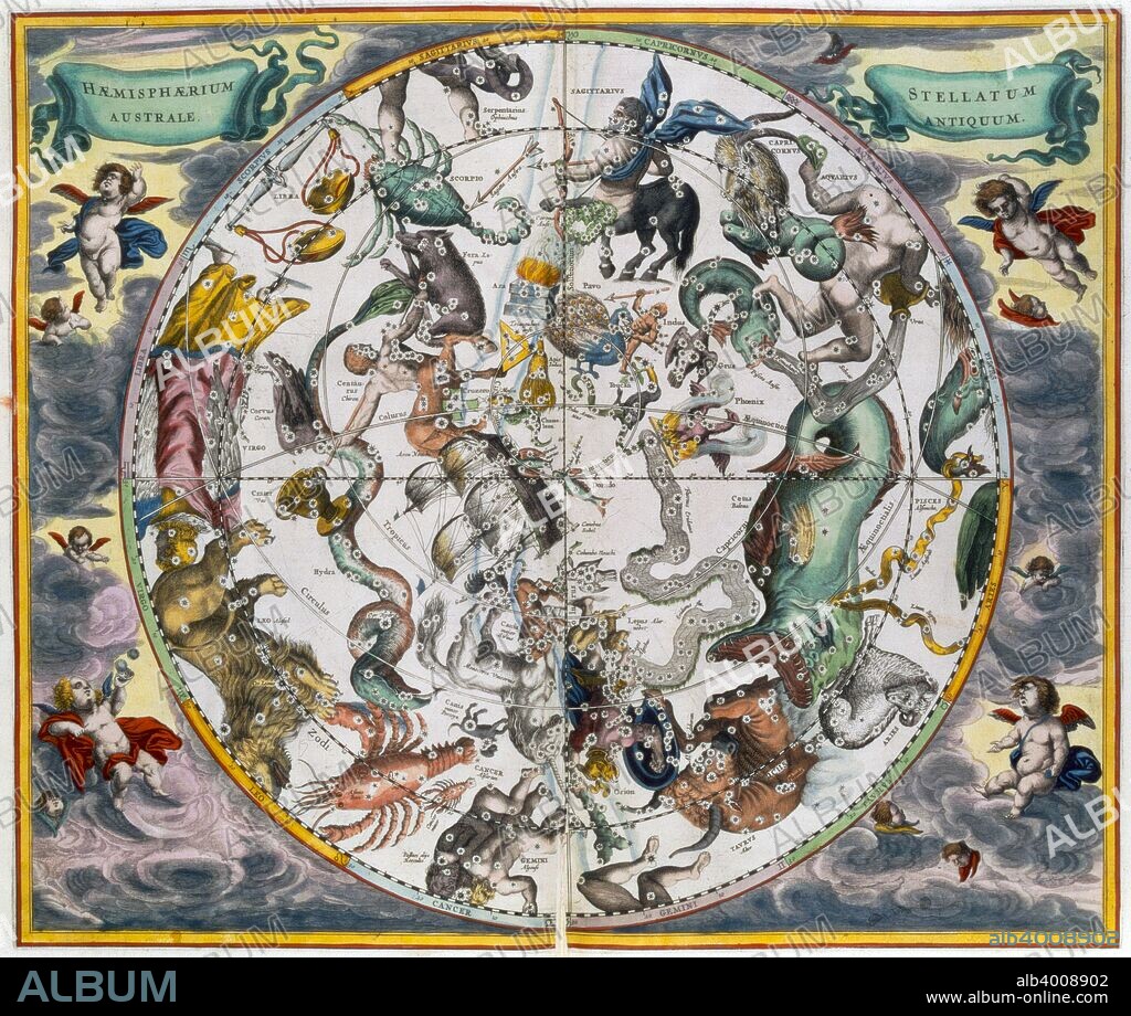 Map of the celestial Southern Hemisphere, 1660-1661. From The Celestial Atlas, or the Harmony of the Universe (Atlas coelestis seu harmonia macrocosmica) by Andreas Cellarius, published by Johannes Janssonius. (Amsterdam 1660-1661).