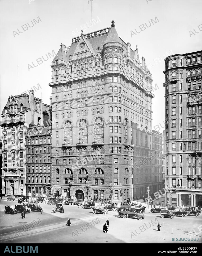 Hotel New Netherland (later Hotel Netherland) was located at the northeast corner of Fifth Avenue and 59th Street, in Manhattan, in what is now the Upper East Side Historic District. Built in 1892-93 to a design by William H. Hume for William Waldorf Astor. It was 234 feet in height with 17 stories, among the first steel-framed buildings in the city. It was classified as a luxury hotel, rather than one with apartment accommodations as it provided permanent accommodations to its residents, albeit without kitchens. Meals were served in the hotel's dining room, the Louis Sherry restaurant. Renamed the Hotel Netherland in 1908, the neo-Romanesque structure was razed in 1927, replaced by the Sherry Netherland Hotel. Photographed by Bain News Service, 1905-15.
