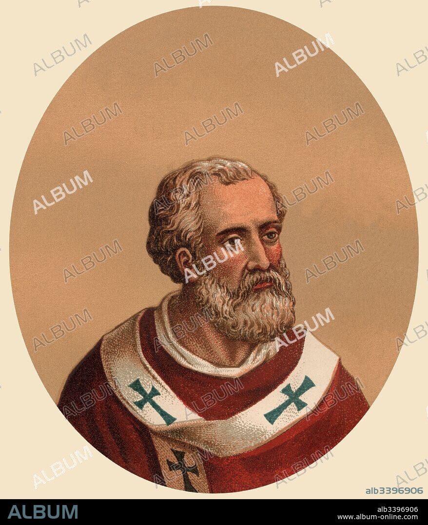 Los Papas y los Bárbaros. Constantino (-715), Papa de de la iglesia católica de 708 a 715. Grabado de 1866.