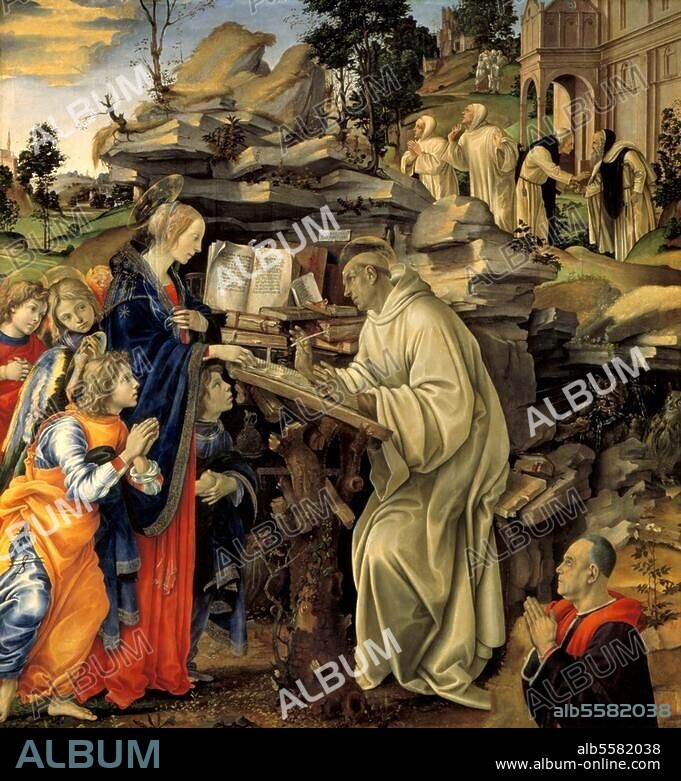 FILIPPINO LIPPI. Lippi, Filippino; 1457-1504. "Vision des Heiligen Bernhard von Clairvaux", 1486. (Dem Heiligen Bernhard von Clairvaux, um 1090-1153, erscheint bei der Niederschrift seiner Homilien die Muttergottes). Öl auf Holz, 210 × 195 cm. Florenz, Badia Fiorentina.