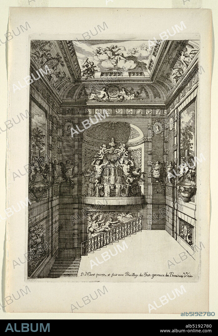 Plate in Nouveaux livres de peintures de salles et descaliers (New Books on Paintings for Rooms and Stairs), Daniel Marot, French, active in the Netherlands and England, 16611752, Etching and engraving on white laid paper, Atrium-like structure with stairs leading below. Large fountain with satyrs and putti in an apsed space. Wall decorated with urns, portrait busts and scenes in relief. Figures on clouds float above., Netherlands, ca. 1700, architecture, Print, Print.