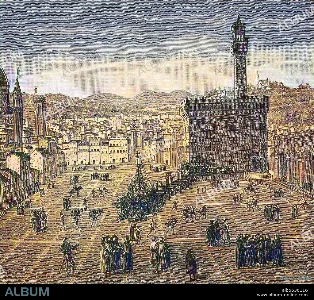 The execution of Savonarola in the Piazza della Signoria, Florence, Italy. Girolamo Maria Francesco Matteo Savonarola Jerome Savonarola, September 21, 1452 - May 23, 1498, Italian Dominican, preacher and church reformer.