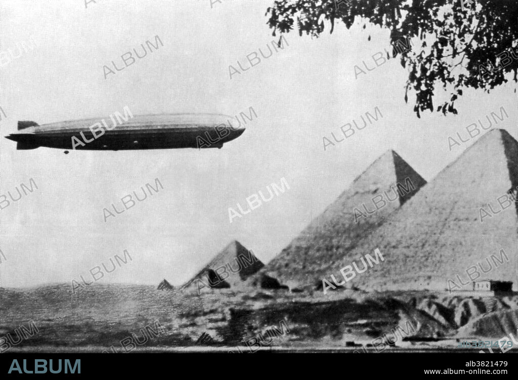 LZ 127 Graf Zeppelin was a German-built and operated, passenger-carrying, hydrogen-filled, rigid airship which operated commercially from 1928-37. It was named after Ferdinand von Zeppelin, who was a count (Graf) in the German nobility. The airship made its first long distance journey in 1928 with a crossing of the Atlantic to the US. Later flights included its round-the-world tour in 1929, the Europe-Pan American flight in 1930, a polar expedition in 1931, two round trips to the Middle East, and a variety of other flights around Europe. The Graf was withdrawn from active service on the day after the loss of the Hindenburg in 1937. During its career the Graf Zeppelin flew more than 1,056,000 miles becoming the first aircraft in history to fly over a million miles.The Graf was scrapped in 1940. The Giza Necropolis (pyramids of Giza) is an archeological site on the Giza Plateau, on the outskirts of Cairo, Egypt. It is by far the oldest of the ancient Wonders and the only one still in existence.