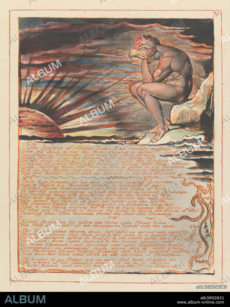 WILLIAM BLAKE. Jerusalem, Plate 78, "The Spectres of...". Date/Period: 1804 to 1820. Print. Orange print, pen, black ink and watercolor on cream-colored paper (Relief etching printed in orange with pen and black ink and watercolor on moderately thick, smooth, cream wove paper). Height: 210 mm (8.26 in); Width: 162 mm (6.37 in).