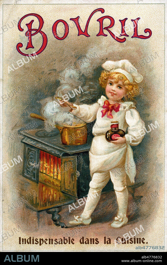Publicite pour BOVRIL un produit alimentaire en poudre, bouillon, en conserve. indispensable dans la cuisine. vers 1900 ou debut 20eme siecle. Credit IM/KHARBINE TAPABOR.