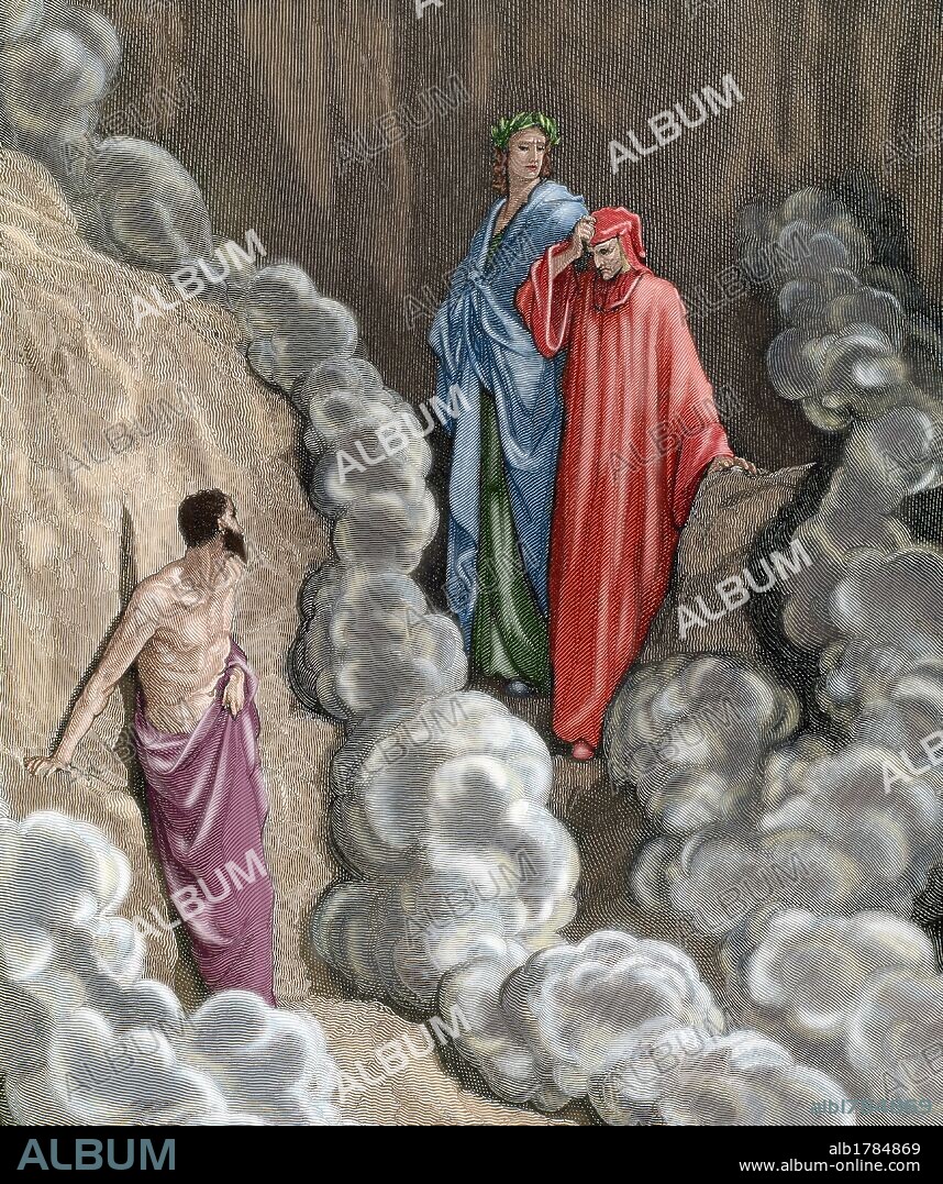 "LA DIVINA COMEDIA". Poema escrito en toscano donde se relata el viaje de su autor, DANTE ALIGHIERI, para llegar a la CONTEMPLACION DIVINA. " ¿QUIEN ERES TU QUE TE INTRODUCES EN MEDIO DE NUESTRO HUMO? " (Purgatorio, c. XVI). Grabado de Gustavo DORE. Coloreado.
