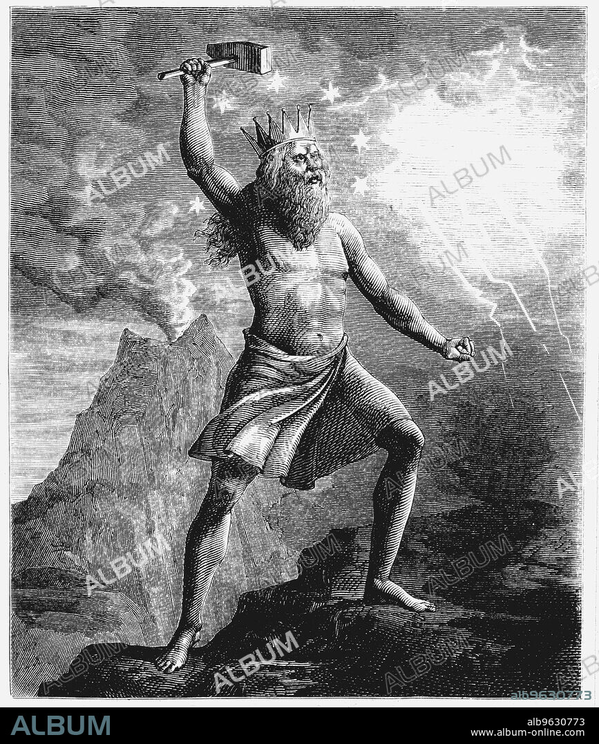 Thor, son of Woden (Odin). God of thunder in the Scandinavian pantheon, Thor is shown wielding his hammer, symbolising thunder and lightning, as he reconstructed the globe.
