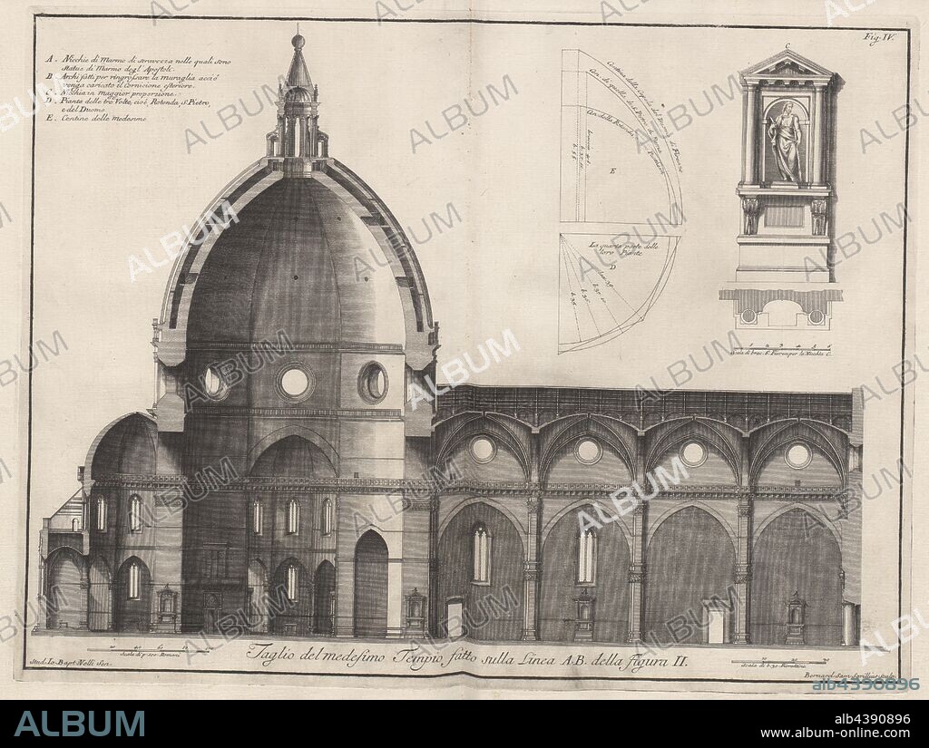 Cross section of the Cathedral of Florence, Cross section of the Cathedral of Florence from the 18th century, signed: Stud. Io., Bapt., Nelli Sen, Bernard., Sans, Sgrillius Sculp;, Nelli, Giovanni Battista (stud.); Sgrilli, Bernardo Sansone (sulp.), 1733, Bernardo Sansone Sgrilli, Girolamo Ticciati, Giovanni Domenico Campiglia, Giovanni Battista Nelli, Vincenzo Franceschini: Descrizione e studj dell'insigne fabbrica di S. Maria del Fiore metropolitana fiorentina. In Firenze: per Bernardo Paperini, [1733].