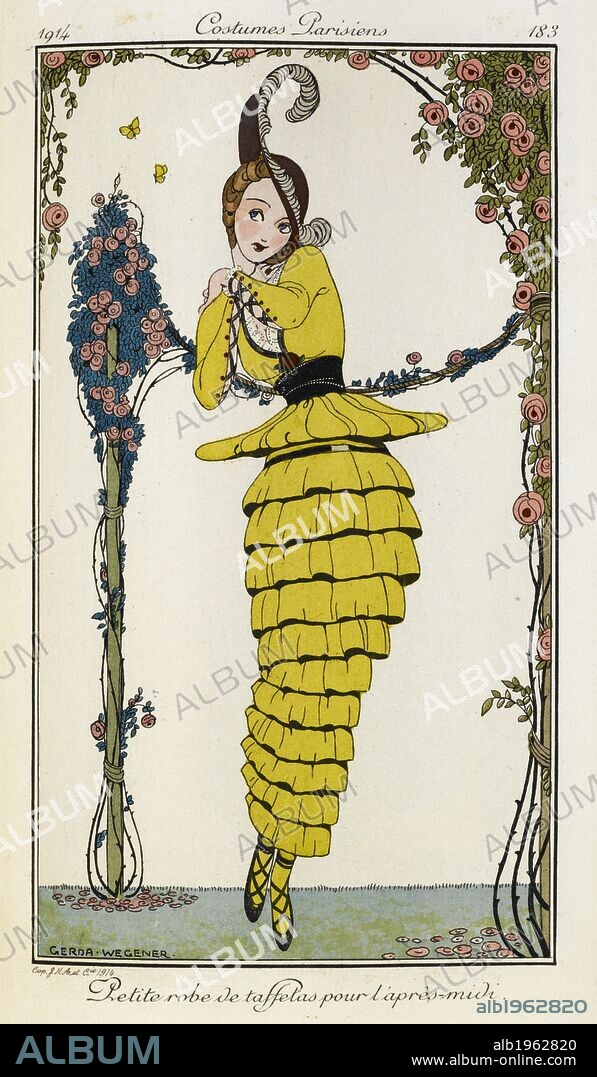 GERDA WEGENER. Petite robe de taffetas pour l'apres-mid. Costumes Parisiens no. 183. Woman wearing a yellow or mustard coloured taffeta dress for the after-noon. She wears a hat with feather. Journal des dames et des modes. Paris, 1914. Colour plate / illustration. Pochoir. Fashion. Source: P.P.5242.dc, volume II, pl. 183 opposite p.32. Language: french.