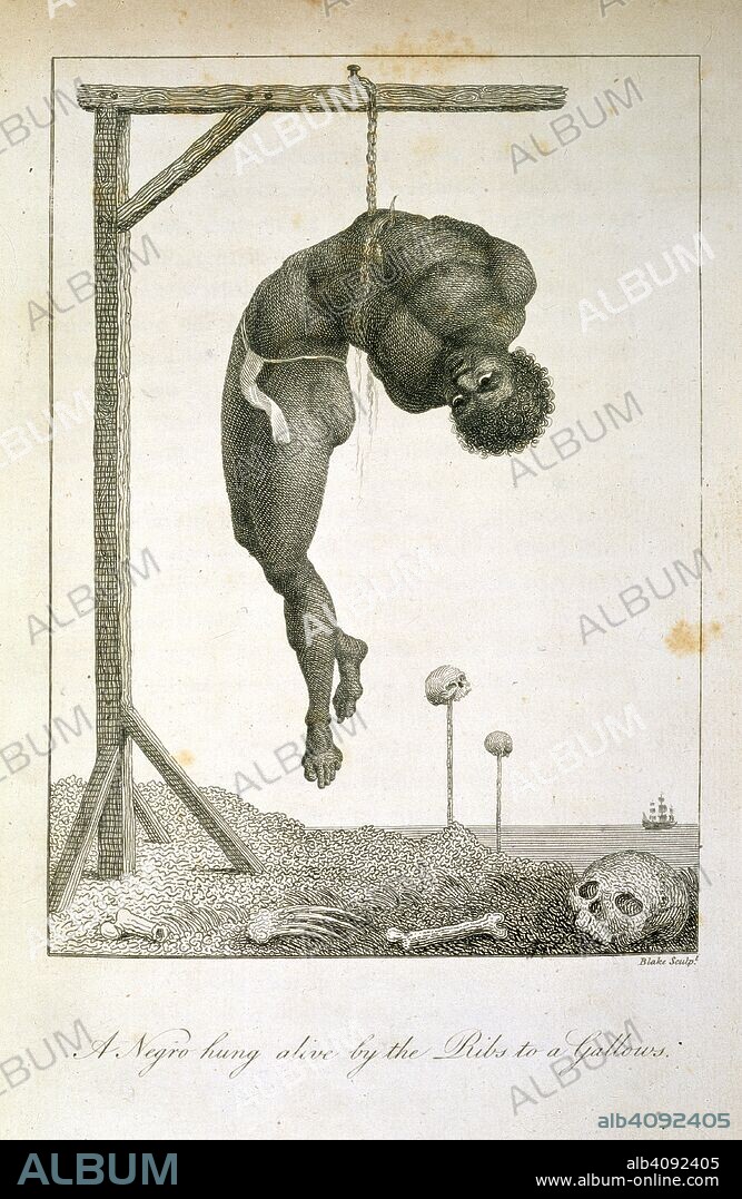 A Negro hung alive. Narrative of a five years expedition against the r. J. Johnson: London, 1796. A Negro hung alive by the Ribs to a Gallows.  Image taken from Narrative of a five years expedition against the revolted Negroes of Surinam, from the year 1772 to 1777, elucidating the history of that country and describing its productions.  Originally published/produced in J. Johnson: London, 1796. . Source: 566.h.24 volume 1, plate 11.