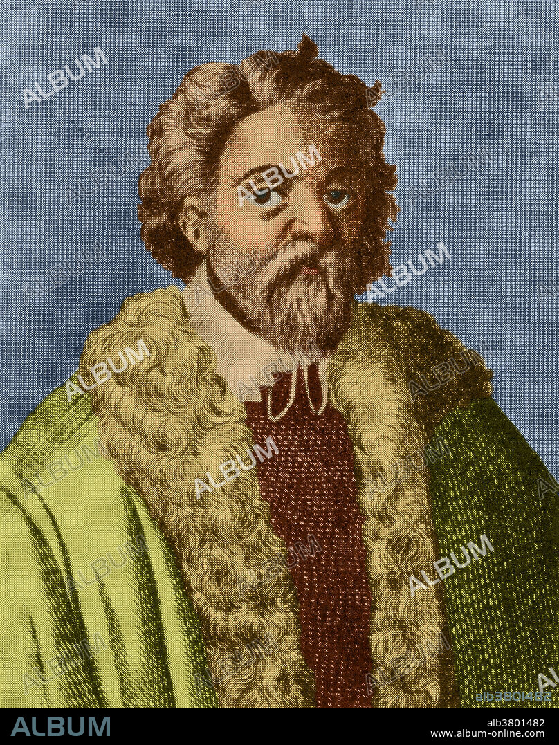 Color enhanced illustration of Cornelius Drebbel (1572 -1634), a Dutch inventor who is created for the first navigable submarine in 1620.