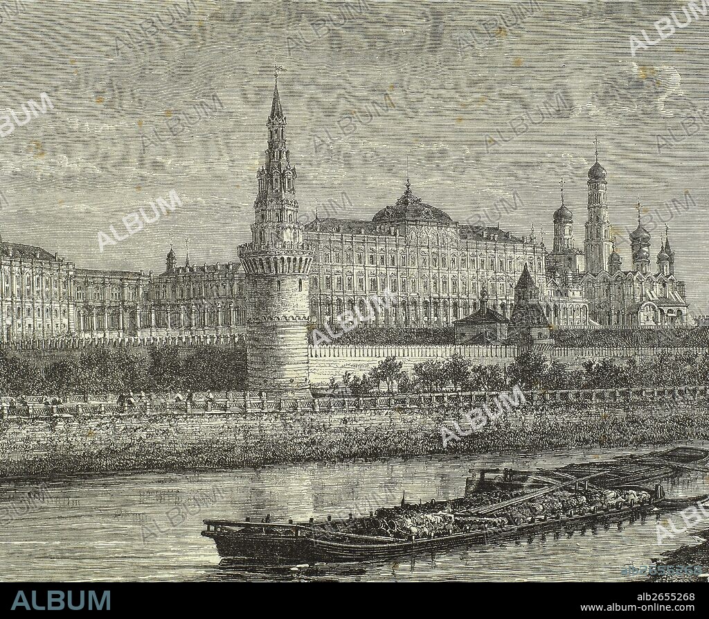 HISTORIA DE RUSIA. MOSCU. Vista general del KREMLIN junto al RIO MOSCOVA, recinto amurallado en el que se hallan catedrales y palacios. Antigua residencia de los zares hasta 1917. Grabado del siglo XIX.