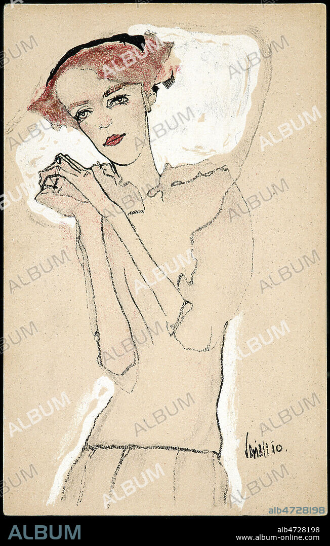 Jeune femme aux mains serrees. Illustration d'Egon SCHIELE (1890-1918) pour une carte postale du Wiener Werkestatte de 1910. Credit : Collection IM/KHARBINE-TAPABOR.