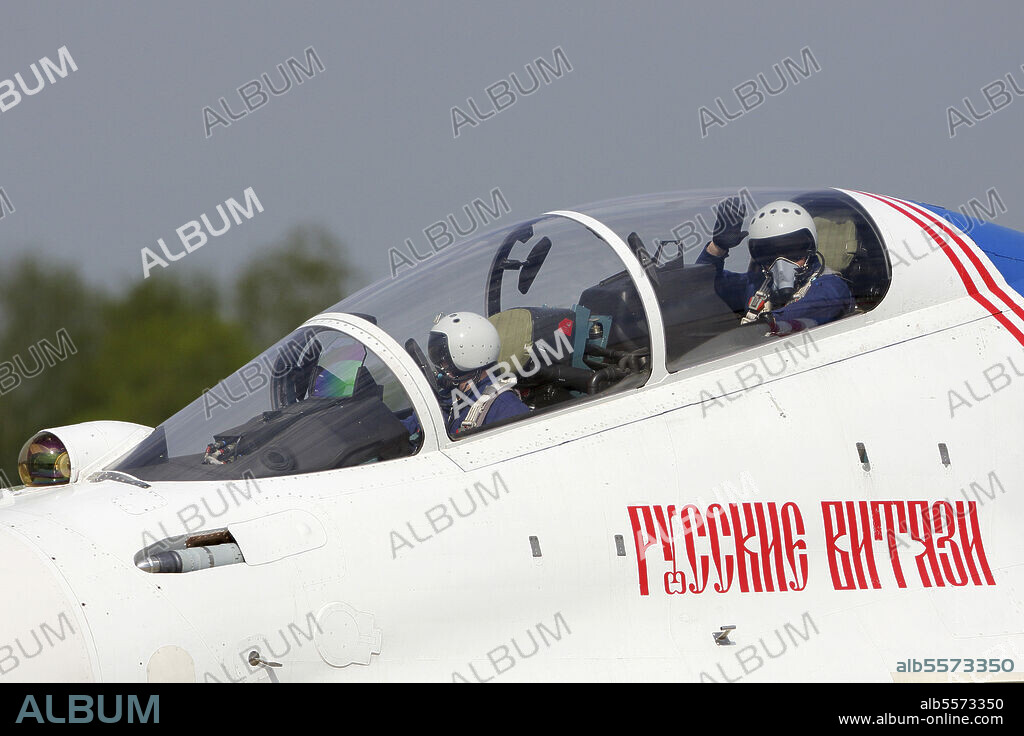 Pilots in the cockpit of a Su-30SM jet fighter of the Russian Knights aerobatics team, Kubinka, Russia.