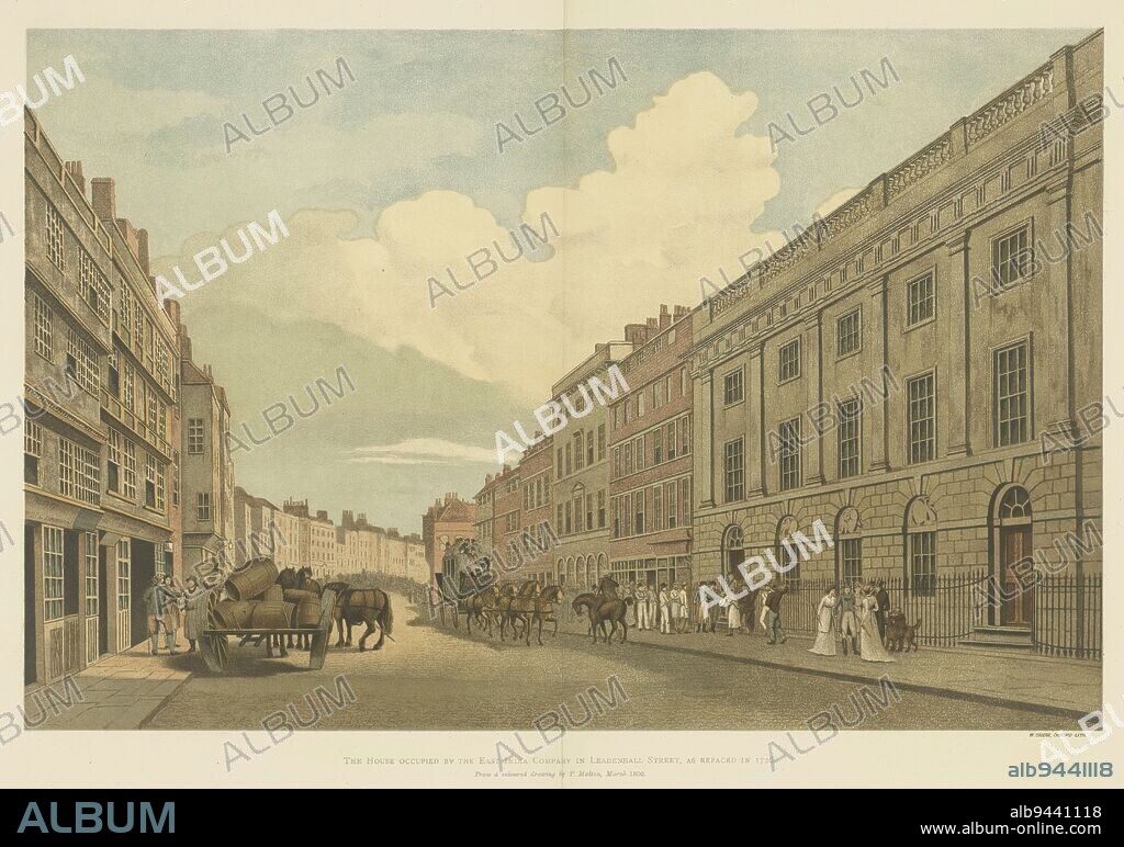 View of Leadenhall Street, with the East India House on the right, at London, The house occupied by the East India Company in Leadenhall Street, as refaced in 1726 (title on object), print maker: William H. Griggs, (mentioned on object), after drawing by: Thomas Malton, (mentioned on object), in or after 1800, paper, height 373 mm × width 550 mm.