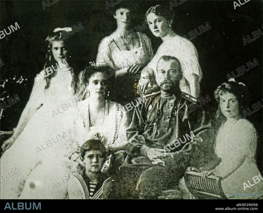 Photographic portrait of the Romanov Family. Pictured is Tsar Nicholas II, Tsarina Alexandra and their five children Olga, Tatiana, Maria, Anastasia and Alexei. Dated 20th century.