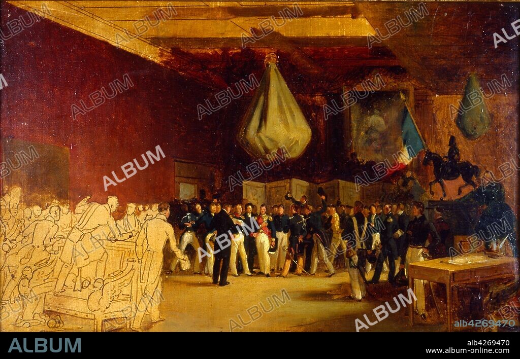 Lecture a l'hotel de ville de Paris de la declaration des deputes et de la proclamation du duc d'Orleans. by Vernet 1830. Louis Philippe I (1773 – 1850) proclaimed King of the French 1830, as the leader of the Orleanist party. Emile Jean-Horace Vernet (1789 – 1863); French painter of battles, portraits, and Orientalist subjects.